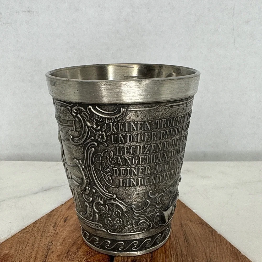Vintage Ornate Frieling Zinn German Pewter Wine Cup Glass Embossed Mug